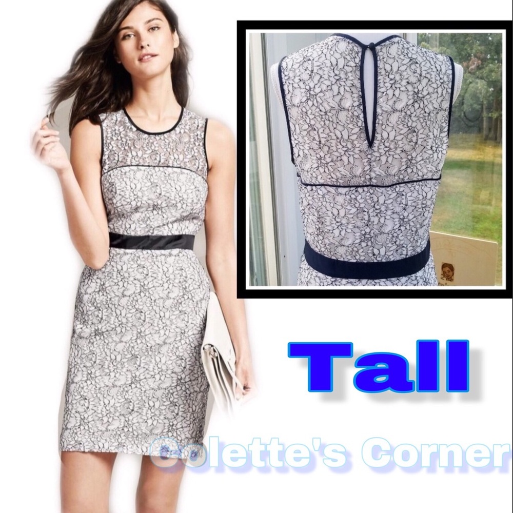 Banana Republic Tall Floral Lace Overlay W/ Navy Blue Trim Shift Dress